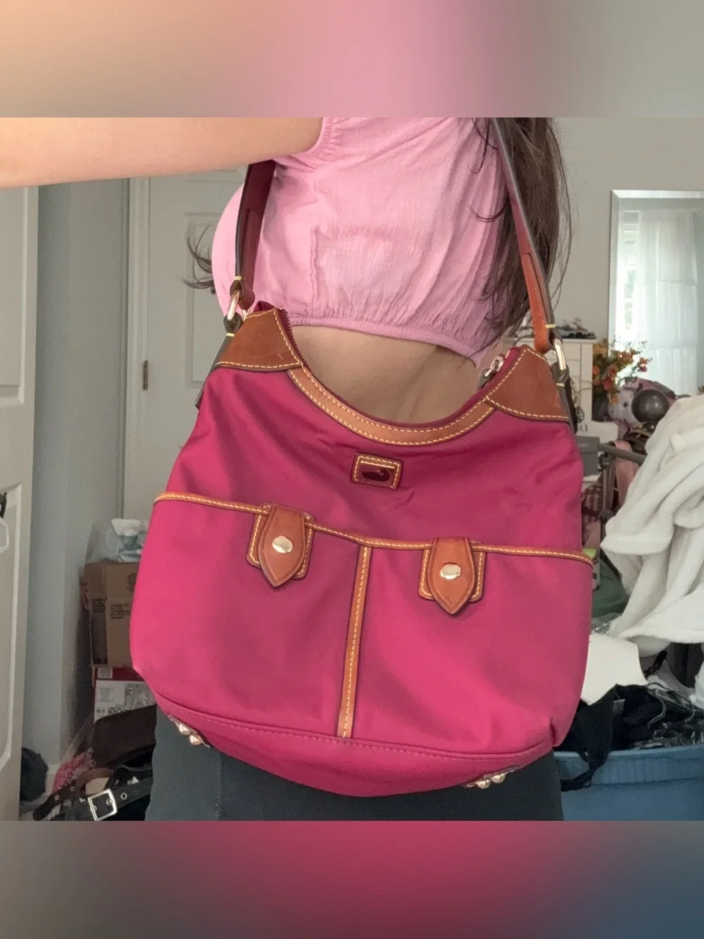 Dooney & Bourke Wayfarer Maroon Nylon/Leather Zip Hobo Bag GUC